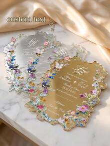 1pc Customized Wildflower Wave-Edge Acrylic Wedding Invitation, Transparent Floral Border Wedding Card, Acrylic Wedding Invitation, Wave-Edge Wedding Card. - Multicolor - View 1
