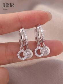 Hihho 1 Pair Double Hoop Full Cubic Zirconia Stud Earrings, Charming Women's Earrings, Light Luxury Versatile Ear Jewelry - Round - View 8