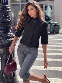 Women's Solid Color Stand Collar Casual Versatile Commute Travel Blazer Black - Black - View 1