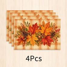 1pc Autumn Maple Leaf Print Placemat, Thanksgiving Harvest Theme Table Mat, Pumpkin & Pine Cone Pattern Dining Table Decor, Plaid Style Kitchen & Dining Room Home Decoration - Multicolor - View 12