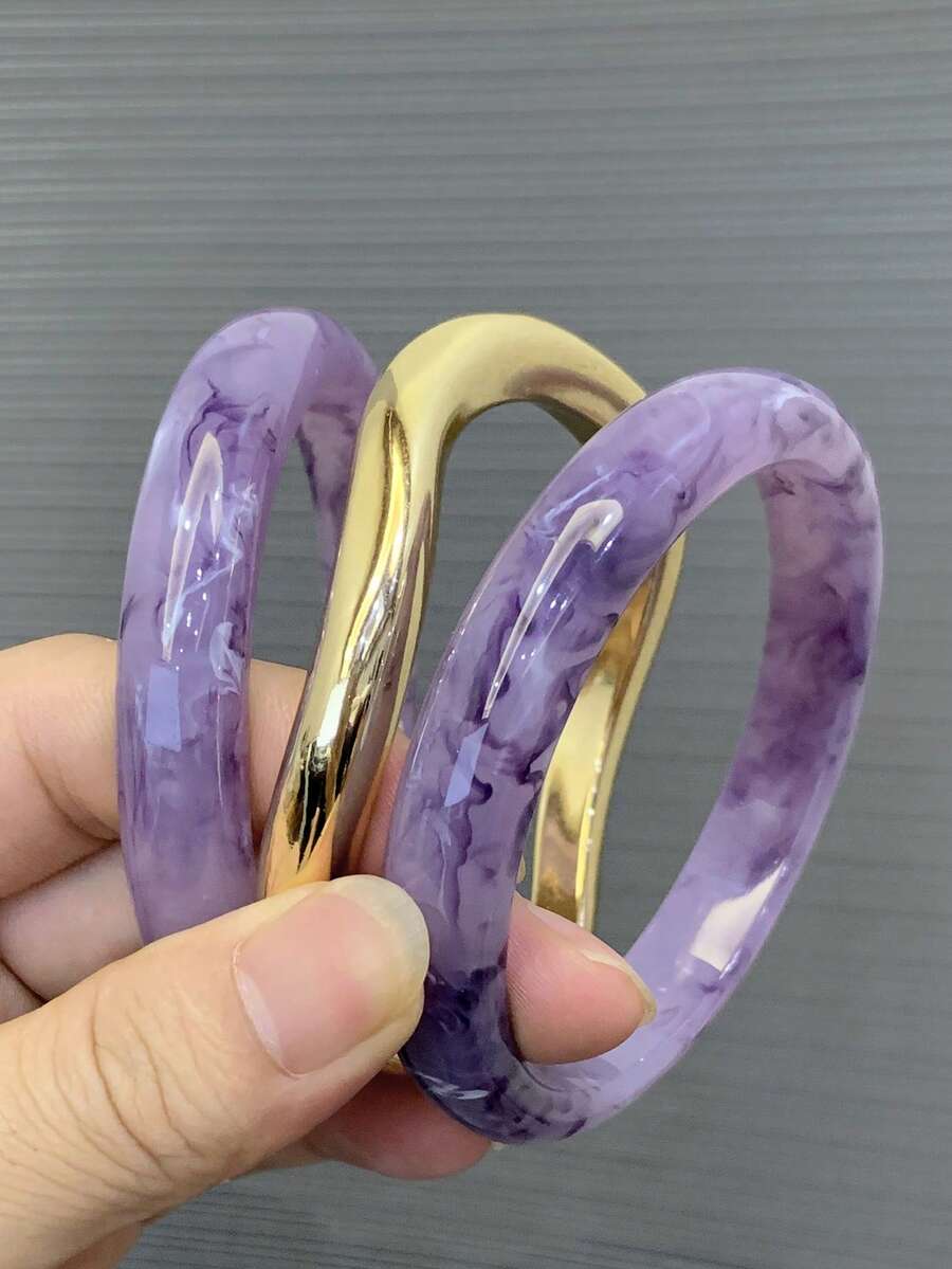 LADYCOCO 3件組復古厚款紫色壓克力樹脂手環搭配金色環形手鍊，女款派對與日常穿戴