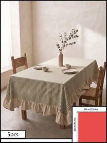 1pc Sage Green And White Small Checkered Patchwork Beige Ruffle Edge Tablecloth, Natural Vintage Style, Rectangular, Beige Ruffle Edge With Pleated Detail, Decorative And Functional, Suitable For Home Dining And French Country Home Decor - Green - View 13