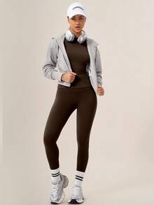 TimeOff Women's One Set Solid Color Round Neck Long Sleeve Slim Fit Leggings Sports Set - Coffee Brown - View 5