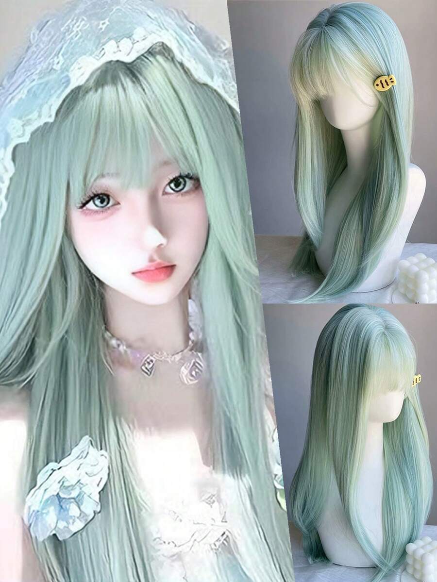 Halloween Blue Long Straight Wig, Synthetic Fiber, Middle Part Lace Front Wig, Cosplay Party, Daily Lolita Fashion Hair Accessory - Multicolor - View 1