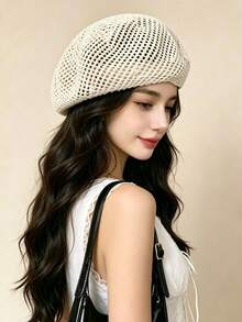 1pc Woven Hollow Knit Beret, Women's Artist Beret, Breathable And Cool For Summer Outings, Suitable For Daily Wear And Vacation - White - View 2