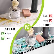 1pc Vintage Wooden Board Blue Floral Pattern, Anti-Slip Faucet Drain Mat, Bathroom Faucet Splash Guard, Mud Guard, Moisture-Proof Anti-Slip Faucet Mat, Kitchen Countertop Accessory. Protect Your Kitchen Countertop. - Multicolor - View 9