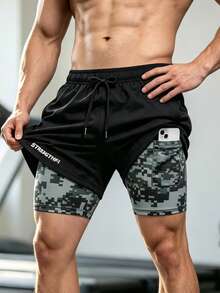 Men's 2-In-1 Running Shorts, Sports Shorts With Lining, Elastic Waistband, Suitable For Gym, Training And Jogging - Black - View 9