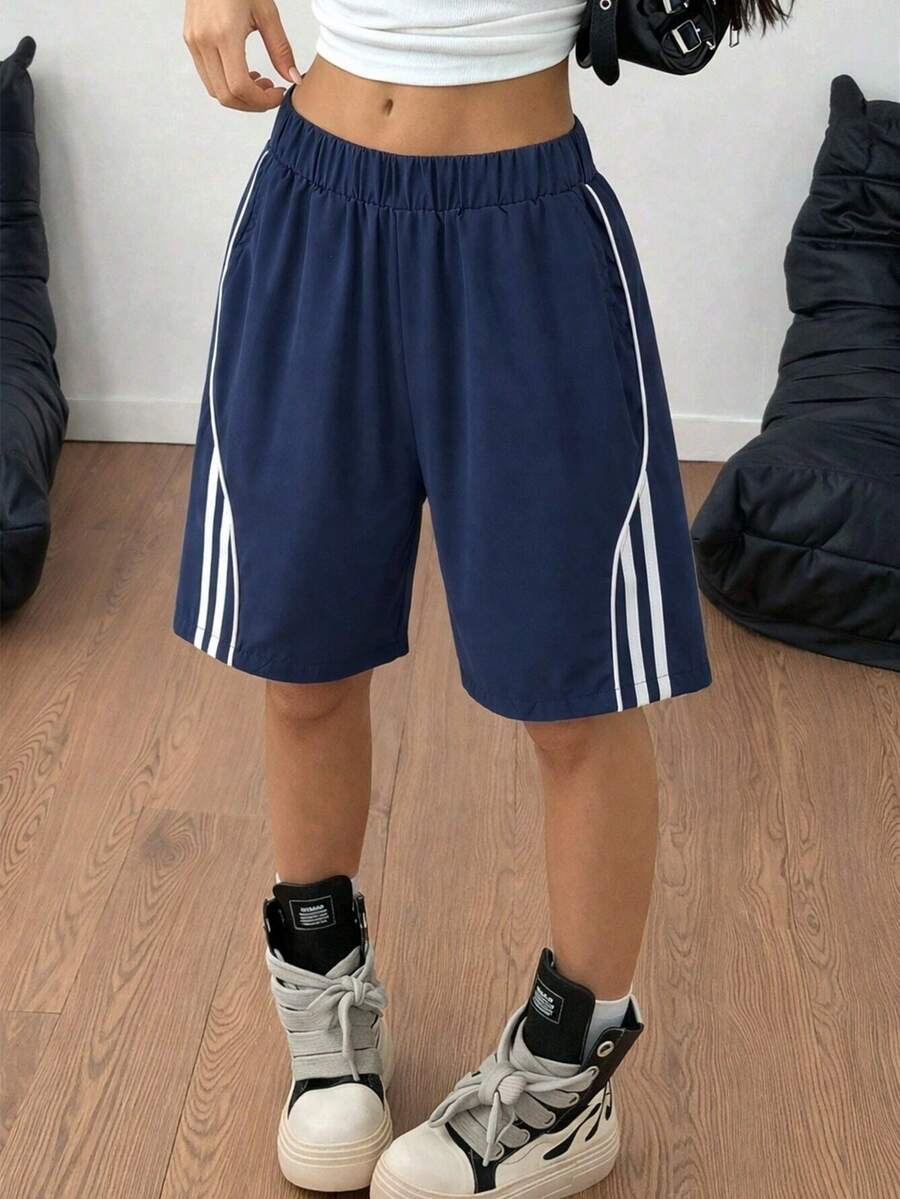 1pc Girls' Teenagers' Sports Casual Versatile Summer Lightweight Breathable Fashion Striped PatchworkBermuda Shorts - Navy Blue - View 1