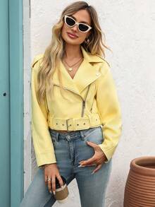 Women's Solid Color Minimalist Daily Zipper Short Jacket - New Bright Yellow - View 7