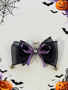 1pc Halloween Themed Satin Bow Hair Clip With Ghost, Skull, Star Decor, Mesh Ribbon Design, Back To School, Travel, Photo Shoot, Dark Aesthetic Style Accessory - Multicolor - View 11