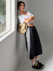 Sports Vertical Striped Elastic Drawstring Calf Length Sweatpants Casual Fitness Bottoms Black Summer - Black - View 1