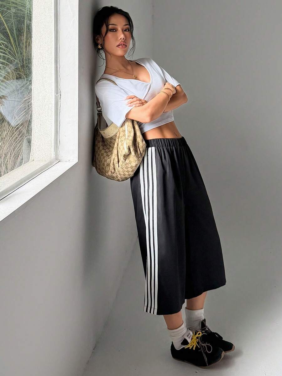 Sports Vertical Striped Elastic Drawstring Calf Length Sweatpants Casual Fitness Bottoms Black Summer - Black - View 1