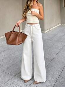 TOP Y2K Fashion Women's Straight Leg Jeans, Non-Stretch Light Wash Denim, Classic Button Closure, Relaxed Casual Fit White Fall - White - View 3