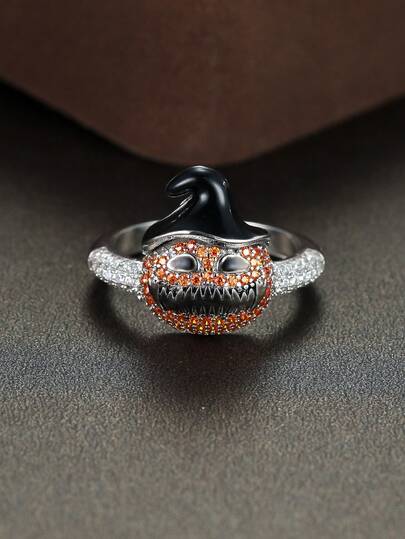 Tsnamer 1 Pc Spooky Halloween Orange Cubic Zirconia Jack-O'-Lantern Witch Hat Women's Statement Ring Silver-Tone Costume Party Jewelry Gift