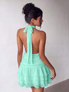 Elegant Halter Neck Backless Mini Dress With Layered Ruffle Hem, Suitable For Summer Party, Beach Vacation, Daily Outing, Holiday And Graduation Ceremony - Mint Green - View 9