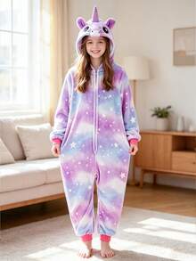 Tween Girl Plush Purple Starry Sky Print Unicorn Design Jumpsuit Pajamas - Multicolor - View 2