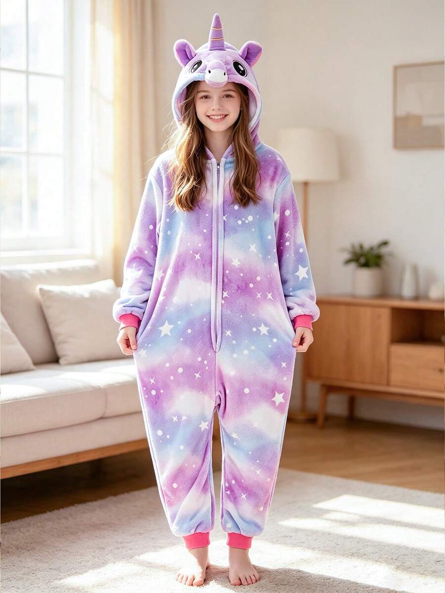 Tween Girl Plush Purple Starry Sky Print Unicorn Design Jumpsuit Pajamas