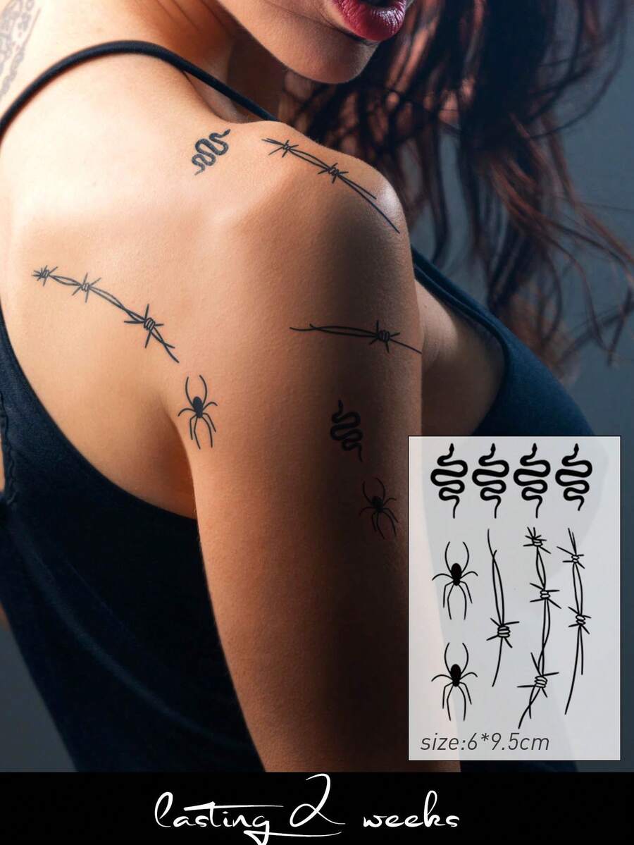 1件半永久深色創意金屬網蜘蛛與蛇紋臨時紋身貼紙,防水、不反光,1-2週長效,適用手指、肩膀、背部,派對、假期、DIY禮物 - 藍色 - 查看 1
