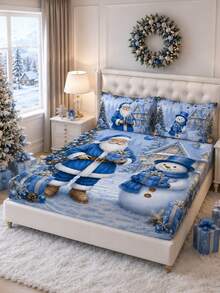 3PCS Christmas Cartoon Snowman & Santa Claus Bed Sheet & Pillowcase Set, (1PC Bed Sheet + 2pcs Pillowcases, Pillow Inserts Not Included,) Polyester Digital Print, Christmas Theme Pattern, Cartoon Warm Christmas Non-Slip Bedding Set, Machine Washable, Bedroom Holiday Home Textile - Multi-color 3 - View 12