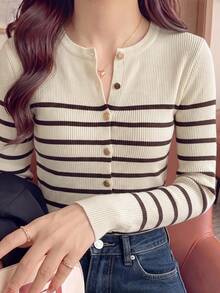 French Style Round Neck Ribbed Knit Cardigan Women, Slim Fit Short Length Contrast Color Fine Ribbed Long Sleeve Outerwear, Versatile Commute Top - Apricot - View 6