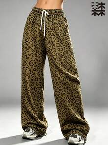 mulinsen Soft Drape Leopard Print Wide Leg Pants Loose Casual Straight Leg Trousers - Brown - View 4