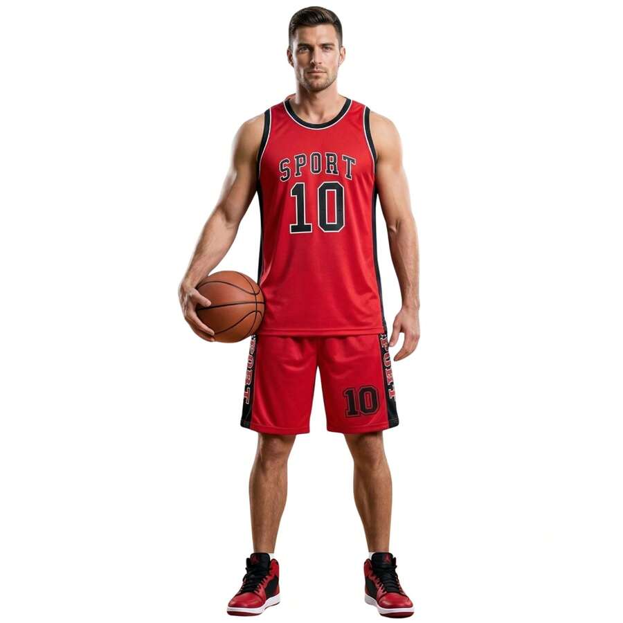 Men's Adult Sports Set: T-Shirt With Basketball Shorts - Sport Red - View 1