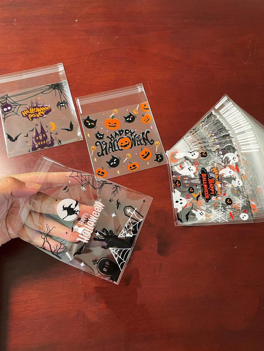 白色幽靈蜘蛛網女巫圖案萬聖節禮品包裝 OPP 袋,Happy Halloween 印花小卡禮品裝飾自黏袋,適用主題派對禮品促銷與贈品袋 - J-多色 - 查看 1