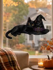1pc Halloween Black Cat & Witch Hat Window Sticker, Self-Adhesive Peel And Stick PVC Window Decal, Waterproof Removable Glass Door Decor For Living Room Bedroom Kitchen Kids Room & Halloween Party Home Decoration - Multicolor 2 - View 11