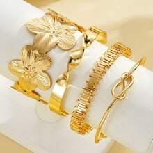 Conjunto de 4 Peças Pulseiras Femininas Elegantes com Flor Nó, Estilo Novo da Moda Europeia e Americana, Joias - Dourado - Visão 3