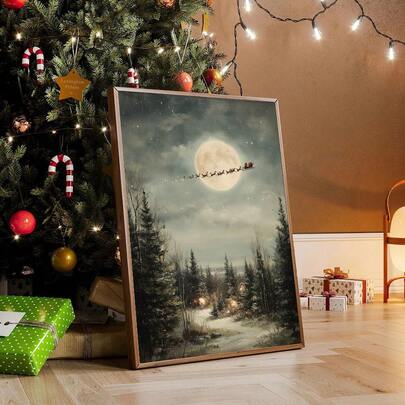 1pc Framed/Unframed Santa Claus Flying Sleigh Christmas Canvas Poster Winter Forest Xmas Holiday Wall Art Print Nordic Festival Decor Scroll Painting For Apartment,Living Room,Bedroom,Modern Home Decoration