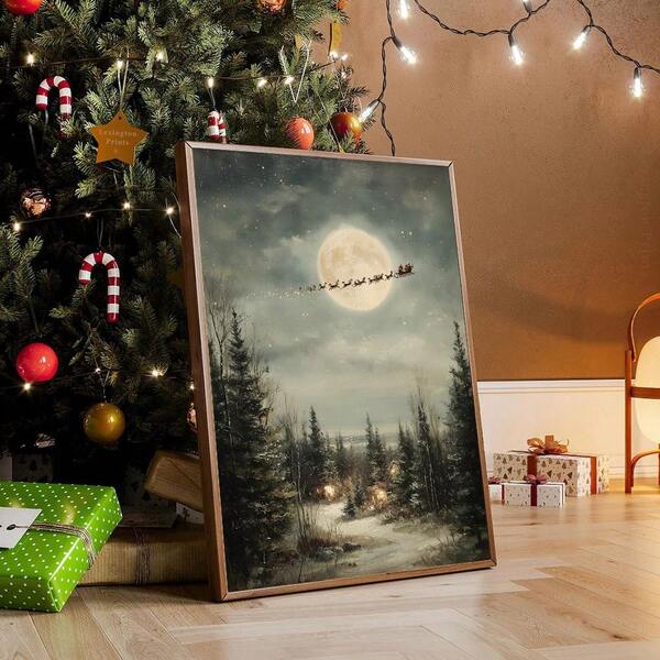 1pc Framed/Unframed Santa Claus Flying Sleigh Christmas Canvas Poster Winter Forest Xmas Holiday Wall Art Print Nordic Festival Decor Scroll Painting For Apartment,Living Room,Bedroom,Modern Home Decoration