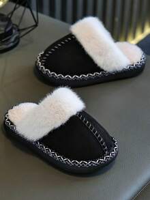 Children's Fuzzy Closed-Toe Slippers For Autumn And Winter, Boys And Girls Indoor Bedroom Home Wear, Simple And Elegant - Black - View 3