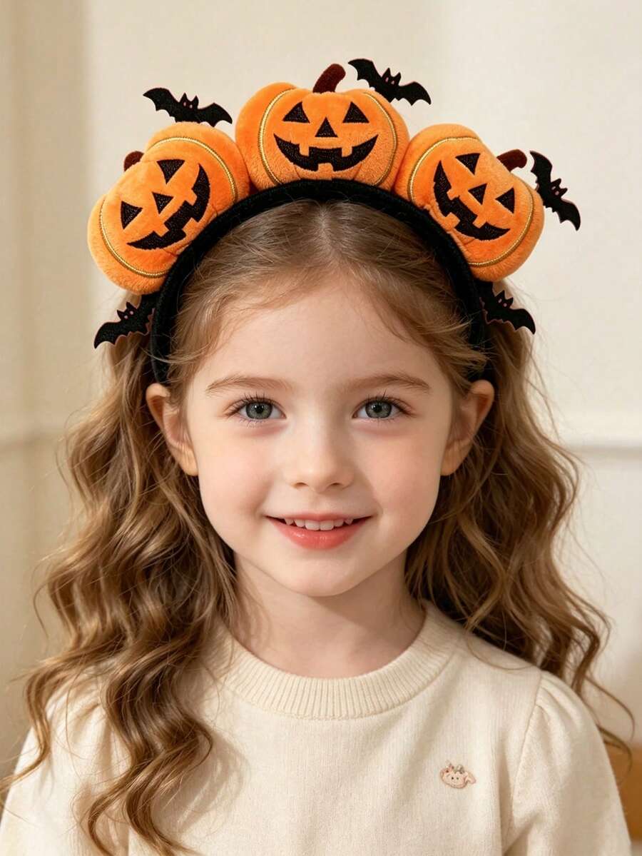 Halloween Pumpkin Expression Headband Funny Cute Gold Wire Pumpkin & Bat Design Holiday Costume Headpiece - Multicolor - View 1