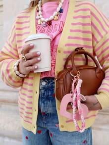 BuyK [Tops]Pink Striped Knit Cardigan, V-Neckline Accentuates Neck, Classic Candy Stripes Blend Sweet And Cool With French Romanticism, Great Value. Fall - Pink - View 2