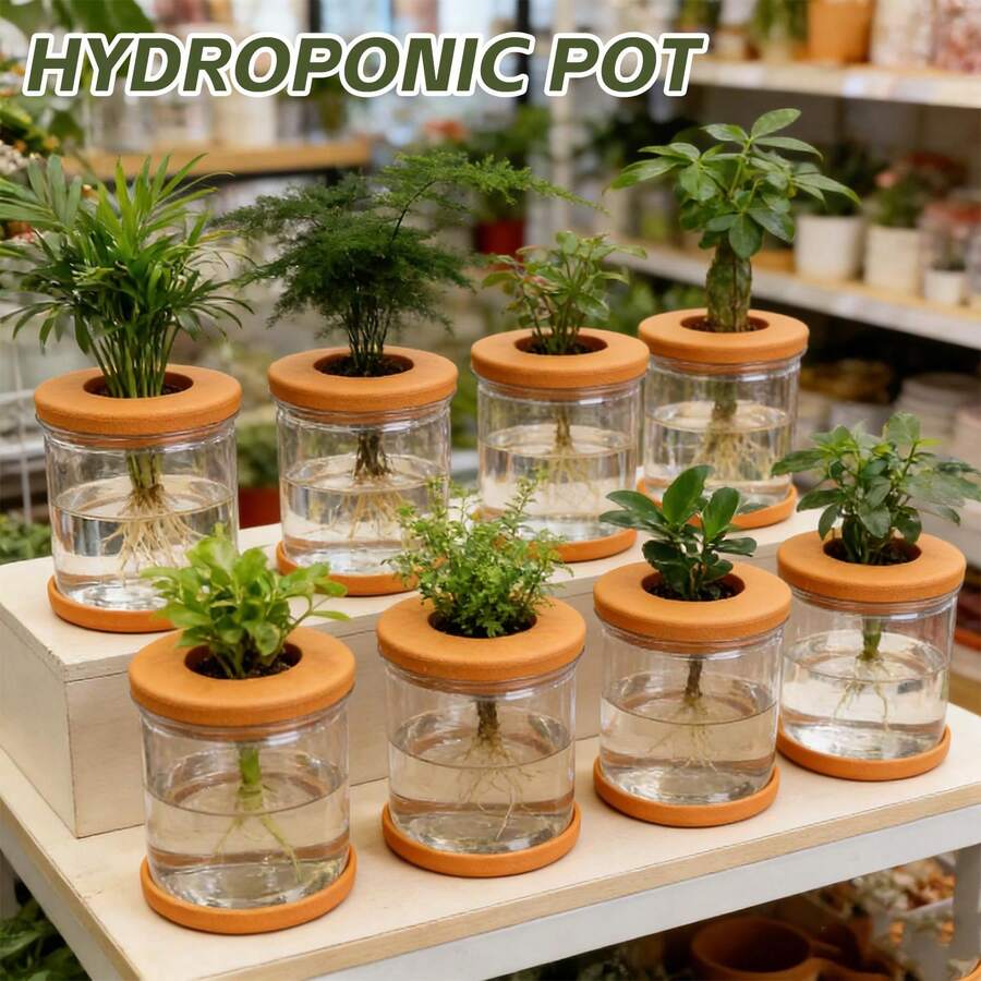 透明玻璃感水培幾何花瓶植栽盆，附木製蓋，桌面空氣淨化多肉盆栽 - B - 查看 1