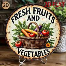 2D Flat - Round Metal Sign, Displaying Fresh Fruits And Vegetables, Vintage Style Design, Perfect For Decorating Kitchen, Home Or Market (Random Hole Positions) - A - View 3