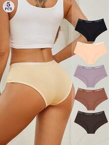 FINETOO Set de 5 bragas de bikini elásticas cómodas y sencillas de color liso y con estampado de letras para mujeres - Multicolor - Ver 3