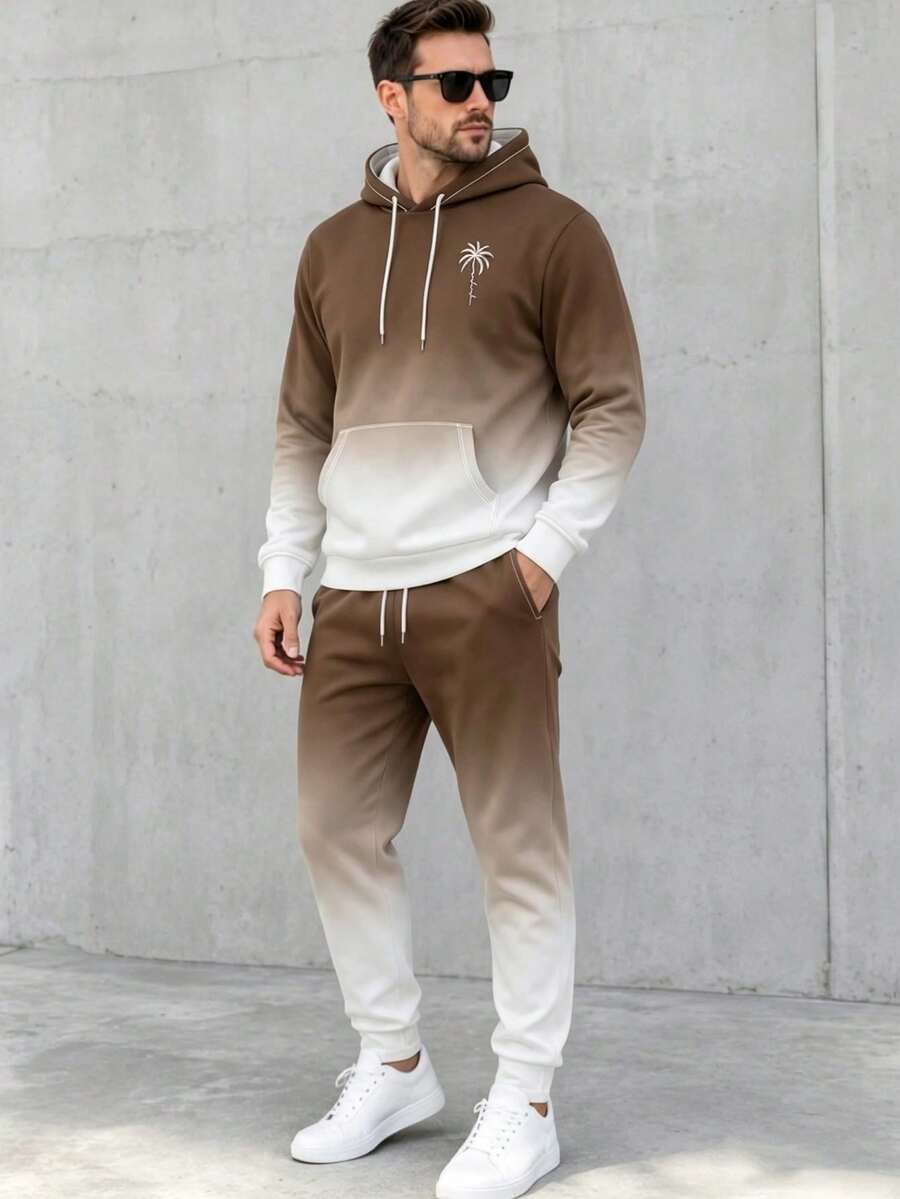 Men's Minimalist Gradient Palm Tree Print Comfortable Hoodie And Pants Set - Multicolor - View 1