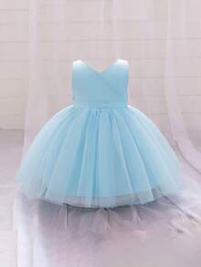 Baby Girls Small V-Neck Back Bow Satin Contrast Mesh Simple Cute Birthday Party Princess Dress, Headband And Bag Not Included - Baby Blue - View 7