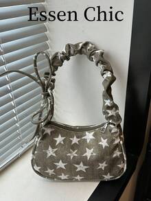 1pc Green Star Pattern Corduroy Baguette Shoulder Bag For Women, Pleated - Green - View 1