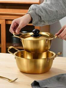 1pc Instant Noodle Pot, Gold Korean Style Ramen Pot, Stainless Steel Soup Pot, Gold Ramen Pot, Seafood Pot, Home Induction Cooker Instant Noodle Pot, Suitable For Soup, Heating Milk, Heat-Resistant Soup Pot, Dual Handle Design For Cooking Instant Noodles, Milk And Soup, Compact And Portable, Suitable For Office And Travel Use. - View 10