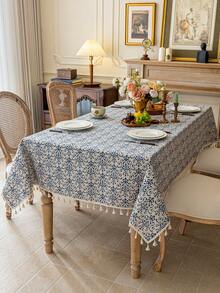 MineLain 1pc Bohemian Vintage Blue And White Porcelain Floral Tassel Tablecloth, Rectangular Tablecloth, Round Table, Coffee Table, Bedside Cabinet, Small Square Table Cover, Washable, Suitable For Home Living Room, Kitchen, Dinner Party, Holiday Party, Garden, Tea Party, Outdoor Picnic Decoration, All Seasons, Autumn Decor - Multicolor - View 25