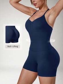 NcmRyu 1pc Women's Solid Color Halter V-Neck Adjustable Strap Pleated Front Backless Sports Romper - Blue - View 11