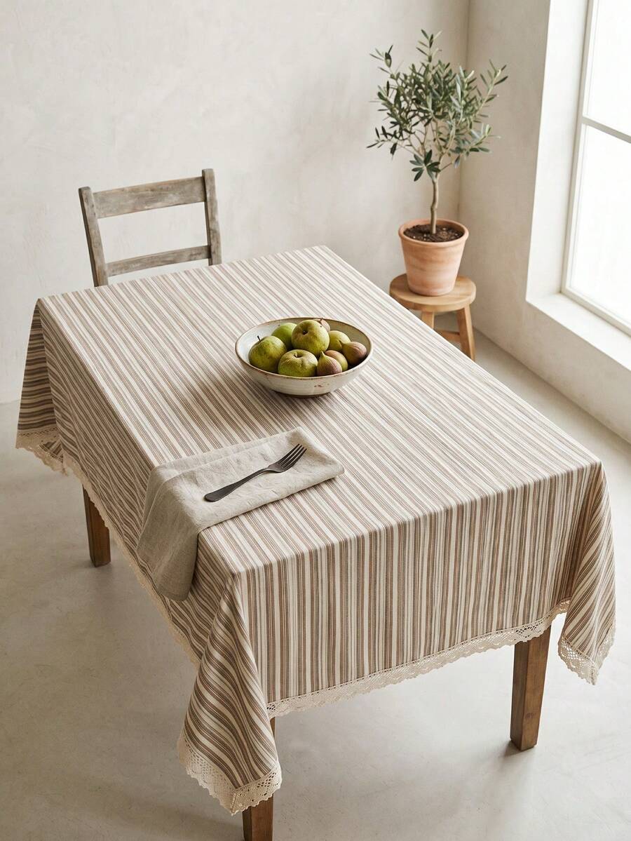 1pc Beige Base Gray-Brown Fine Striped Lace Edge Tablecloth, Natural Artistic Style, Rectangular Lace Trim With Pleated Detail, Decorative And Functional Dining Tablecloth For Daily Breakfast And Home Decor - Multicolor - View 1