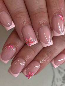 24pcs Light Pink French Press-On Acrylic Nails, Glitter Floral Design, False Nail Set With 1pc Jelly Glue And 1pc Nail File, Summer Nails - Baby Pink - View 9