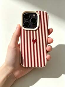 Phone Case - Red Striped Heart Romantic Pattern, Compatible With Apple 17/17Pro/17PROMAX/16/15/14/13P/12/11/X/XR/XSMAX White Durable Anti-Drop Protective Cover, Beautiful - Multicolor 1 - View 2