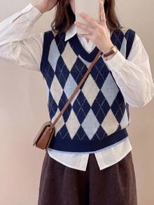 Women's Autumn Casual Minimalist Diamond Pattern V-Neck Pullover Vest Vacation - Navy Blue - View 6