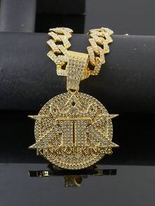 European And American Hip Hop Heavy Work Full Rhinestone KING OF KINGS Crown Round Pendant Cuban Chain, Unisex Rhinestone Thick Chain, American Rap Street Style Bold Gold And Silver Dual Color Collarbone Necklace - Ace Pendant Necklace - View 6