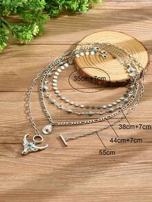 4pcs/Set Western Cowboy Vintage Turquoise Bull Head Hat Pendant Necklace With Round Diamond Chain And Round Disc Chain Layered Necklace, Fashionable Personalized Women's Neck Jewelry Suitable For Daily Wear, Dating, Vacation And Party, Handmade Chain Cut By Length - Multicolor - View 4