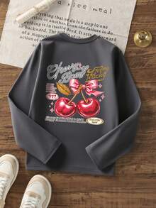 3pcs Tween Girls Cherry Bow Print Long Sleeve T-Shirts, Vintage Letter Graphic Soft Autumn Casual Tween Girl Tops - Multicolor - View 3